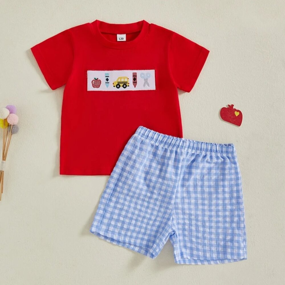 Back to School Embroidered Panel Boys Plaid Shorts Outfit Set